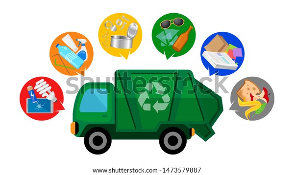 garbage truck and waste isolated on white\
background, clip art of recycle waste truck for cleaner management,\
garbage truck icon simple, illustration garbage truck green for\
flat infographic\
symbol