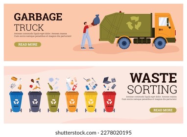 Garbage truck and waste sorting web banners set, flat vector illustration. Man putting trash bag in garbage truck. Set of containers for waste separation - paper, plastic, glass, organic and metal.