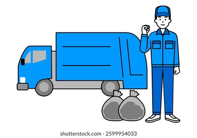 Garbage truck and worker man