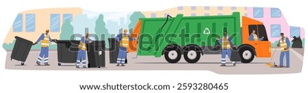 Garbage truck workers characters collecting trash for recycling, cleaning city street scene. Team of janitors in uniform caring for urban environment providing quality service vector illustration