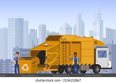 Garbage truck and workers of municipal service work on city street with buildings vector illustration. Cartoon dustman characters standing near trash container and dumpster lorry car background