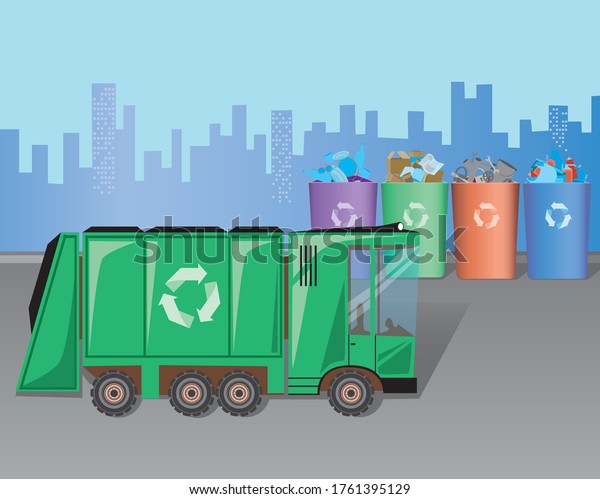 A\
garbage truck works near bins or boxes for sorting garbage as a\
concept for sorting garbage. Flat or cartoon stock vector\
illustration with garbage truck and bin in the\
city