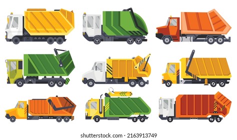 Garbage trucks with auto loader. Collection and transportation of solid household and commercial waste. Garbage removal, urban sanitary vehicles. Garbage Ecology and recycle concept