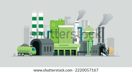 Garbage trucks come to the factory for recycling to get new materials.
