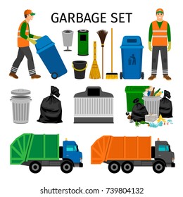 Garbage trucks, trash can and sweeper, colorful garbage collecting icons set on white background. Vector illustration