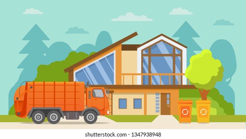 Garbage truck.Urban sanitary loader truck.City service.Vector illustration.House exterior.Home front view facade with roof. Townhouse building.Garbage cans recycling. svg