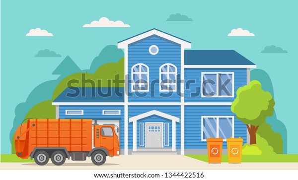 Garbage truck.Urban sanitary loader\
truck.Townhouse building.Garbage cans recycling.Vector flat\
illustration.Country private\
house.