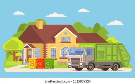 Garbage truck.Vector illustration.Townhouse building.Trash bins.