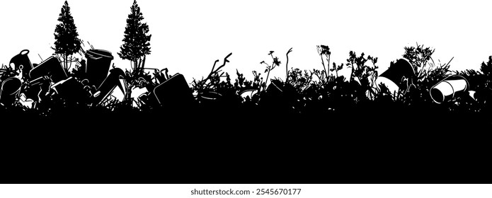 Basura, basura y desperdicios de siluetas negras. Frontera Horizontal de Vector.