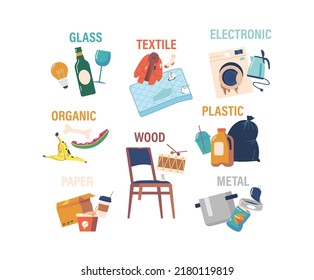 Garbage Types Glass, Textile, Electronic and Organic, Wood, Plastic or Paper and Metal Wastes. Concept of Trash Sorting and Recycling with Different Litter. Cartoon Vector Illustration