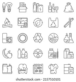 Garbage Types outline icons set - Waste Sorting vector concept symbols. Paper, Plastic, Organic, Glass, E-Waste Recycling linear signs