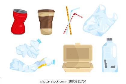 Garbage types set. Can, plastic waste, bottles, bag, sipping straws, disposable tableware. The most widespread litter. Objects collection. Editable vector illustration isolated on the white background