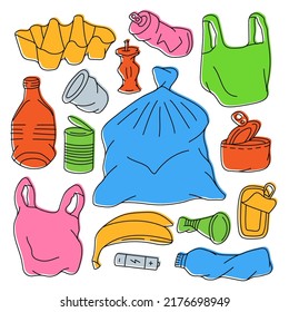 Tipos de elementos no utilizados establecidos. Ilustración de plástico, vidrio, metal, papel, desechos orgánicos. Problema del concepto de contaminación del planeta. Conjunto de elementos no utilizados