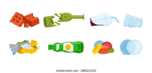 Garbage types set. Plastic waste, brick rubble, broken glass bottles, crumpled wrapping, covers, disposable tableware. The most widespread litter. Vector illustration isolated on the white background