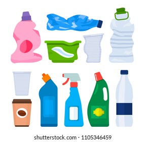 Garbage from various plastic bottles and packages. The concept of recycling and collection of garbage and waste. A set of bottles. flat vector illustration isolated on white background
