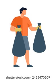 Ilustración de vector de basura. Metafóricamente, la basura representa un daño crudo a nuestros ecosistemas. La reducción de residuos está a la vanguardia de estrategias eficaces. Hombre recogiendo basura en una bolsa