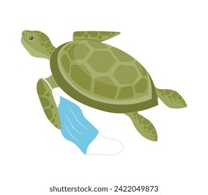 Garbage vector illustration. Non-recyclable waste underscores challenges sustainable waste management Zero waste importance minimizing environmental impact. Turtle with a protective mask on its paw