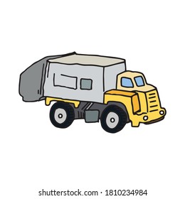 Garbage vehicle simple hand drawn logo illustration. Waste collecting truck for transporting trash, colored cartoon drawing. Transport and shipping road machine logo symbol.