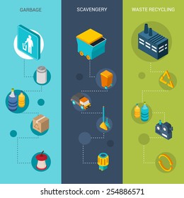 Garbage vertical banners set with scavengery and waste recycling isometric elements isolated vector illustration