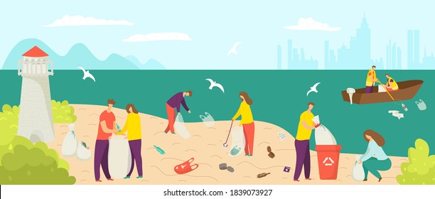 Garbage waste at beach, clean environment at shore vector illustration. Cartoon people pick up trash pollution at ocean shore. Woman man collect plastic at seaside, volunteer activist character.