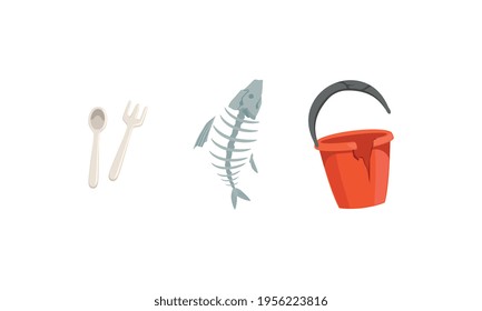 Basura y desperdicios con un conjunto de vectores de huesos de aves de corral y peces rotos