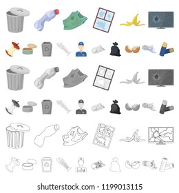Garbage and waste cartoon icons in set collection for design. Cleaning garbage vector symbol stock web illustration.