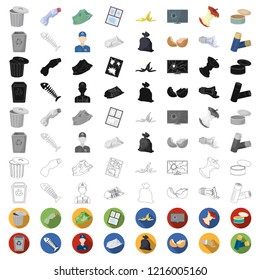 Garbage and waste cartoon icons in set collection for design. Cleaning garbage vector symbol stock web illustration.