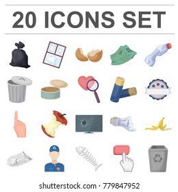 Garbage and waste cartoon icons in set collection for design. Cleaning garbage vector symbol stock web illustration.
