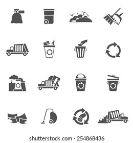 Garbage waste ecology recycling and pollution icons black set isolated vector illustration