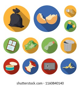 Garbage and waste flat icons in set collection for design. Cleaning garbage vector symbol stock web illustration.