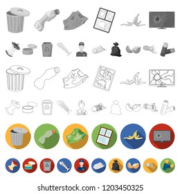 Garbage and waste flat icons in set collection for design. Cleaning garbage vector symbol stock web illustration.