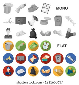 Garbage and waste flat icons in set collection for design. Cleaning garbage vector symbol stock web illustration.
