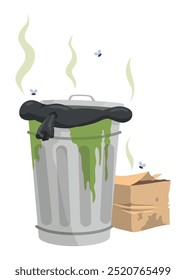 Ícone de lixo ou desperdício. Recipiente de lixo metálico com lixo não triado. Lixo que cheira feio e começa a se decompor. Ecologia e conceito de ambiente. Isolado no fundo branco.
