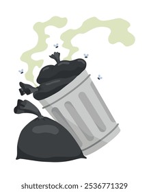 Ícone de lixo ou desperdício. Recipiente de lixo metálico com lixo não triado. Lixo que cheira feio e começa a se decompor. Ecologia e conceito de ambiente. Isolado no fundo branco.