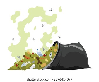 Garbage or waste icon. Plastic garbage container with unsorted trash. Rubbish bag that smells ugly and started to decompose. Ecology and environment concept. Isolated on white background