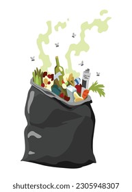 Garbage or waste icon. Plastic garbage container with unsorted trash. Rubbish bag that smells ugly and started to decompose. Ecology and environment concept. Isolated on white background