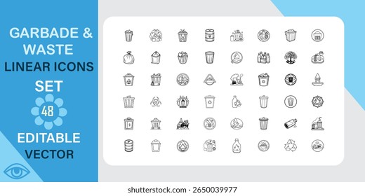 Lineare Symbole für Müll und Verschwendung. Recycling, Verschmutzung, Mülleimer und mehr. Gliedern Sie ein Vektorsymbol im linearen Stil. Bearbeitbarer Strich. Vektorgrafik.