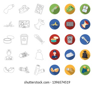 Garbage and waste outline,flat icons in set collection  design. Cleaning garbage vector symbol stock web illustration.
