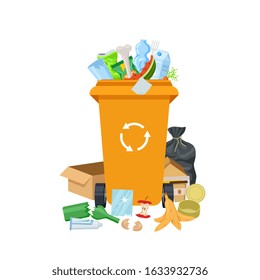 Garbage waste. Overflowing trash can, dirty rubbish bin. Recyclable mixed junk container. Different litter and dustbin vector illustration