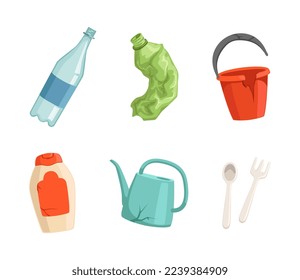 Garbage and Waste with Plastic and Glass Bottle, Bucket and Watering Can Vector Set
