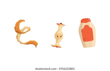 Garbage and Waste with Plastic Tube and Orange Peel Vector Set