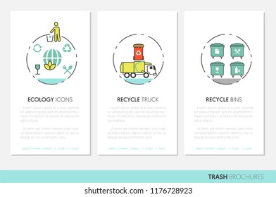 Garbage Waste Recycling Business Brochure Template with Linear Thin Line Vector Icons