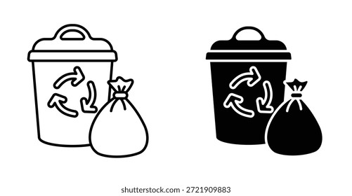 Conjunto de iconos de reciclaje de residuos de basura. Símbolo de Vector de reciclaje de residuos de basura en estilo negro relleno y delineado.