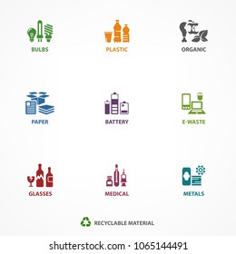 Garbage waste recycling icons, line symbols of different waste sorting, garbage recycling. Vector illustration.