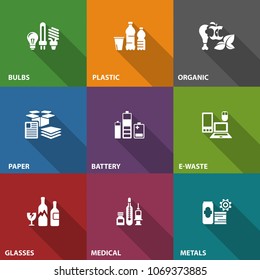 Garbage waste recycling icons on color, line symbols of different waste sorting, garbage recycling. Vector illustration.