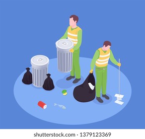 Garbage waste recycling isometric composition with faceless human characters of scavengers with rubbish bins and brush vector illustration