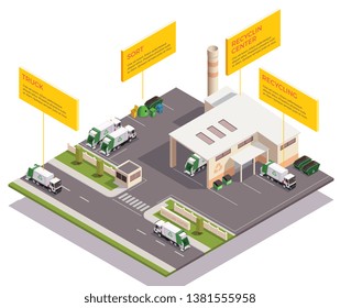 Garbage waste recycling isometric composition with infographic text captions and view of factory building and vehicles vector illustration