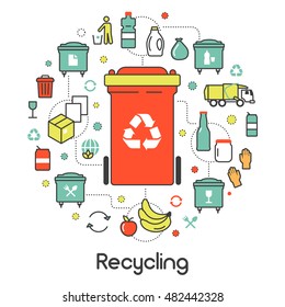 Garbage Waste Recycling Line Art Thin Vector Icons Set with Trashcans