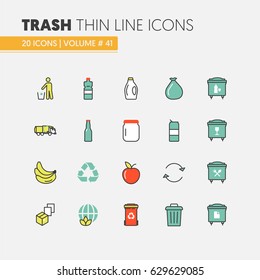 Iconos vectoriales lineares de línea delgada reciclados de basura con trashcanes