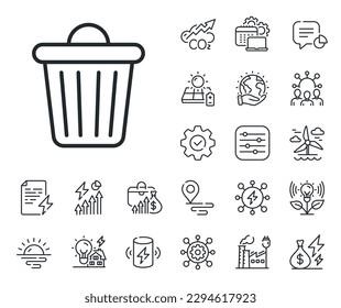 Garbage, waste sign. Energy, Co2 exhaust and solar panel outline icons. Trash bin line icon. Delete, remove symbol. Trash bin line sign. Eco electric or wind power icon. Green planet. Vector